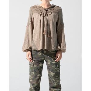 Miss Me Women's Crochet Detail Tassel Tie-Front Hooded Blouse Olive Green Medium